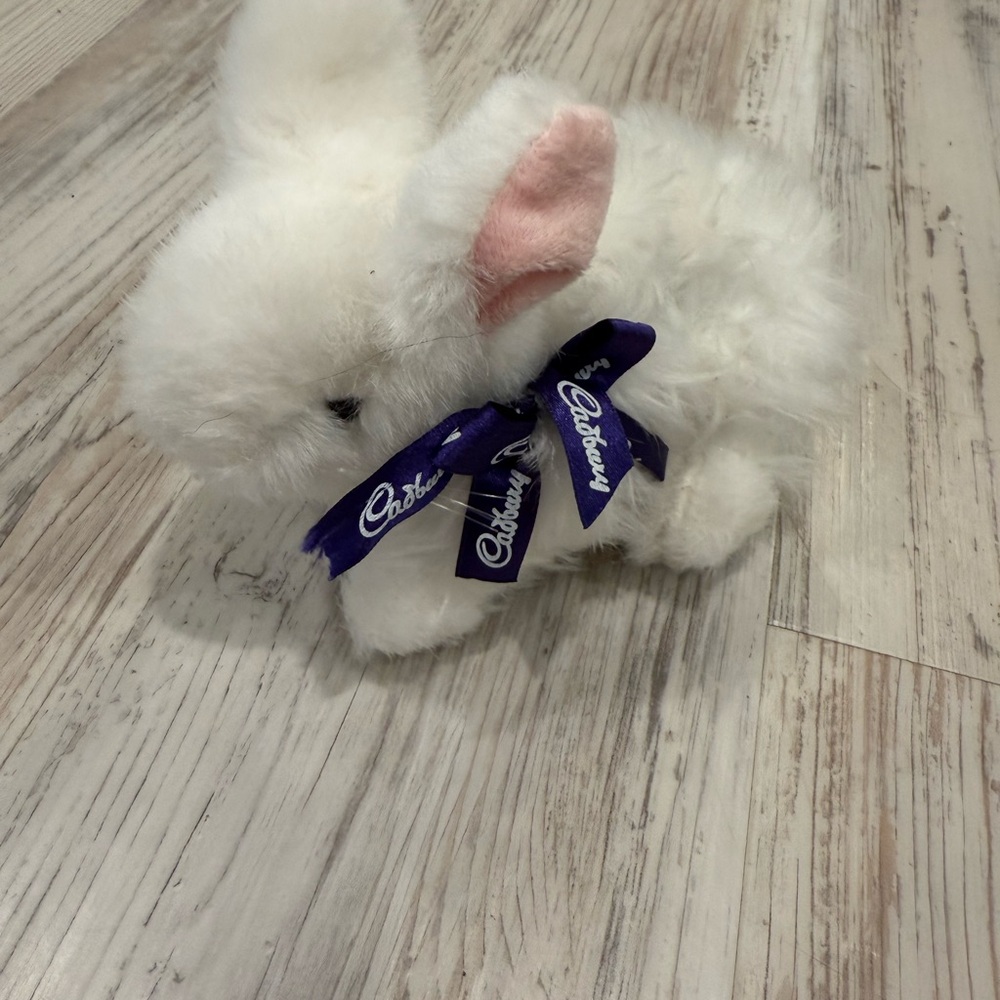 White Plush Bunny with Pink Ears and Blue Ribbon